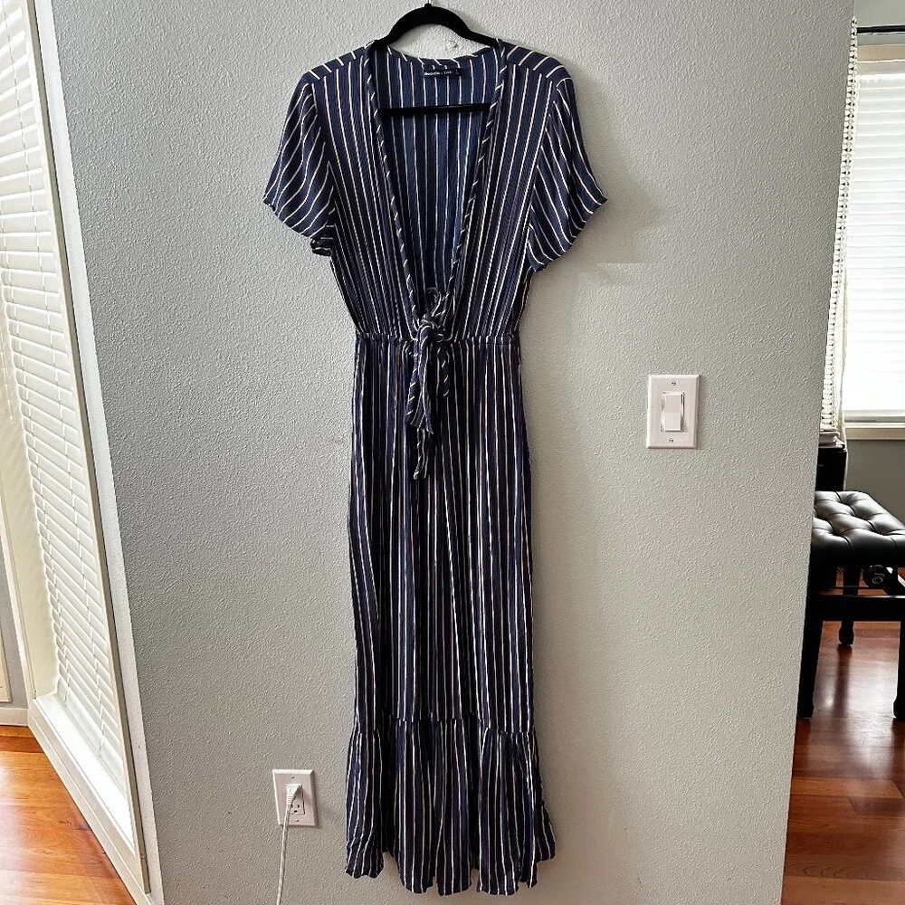 Abercrombie & Fitch Maxi Dress LARGE Blue Stripe Cutout Front Summer Vacation